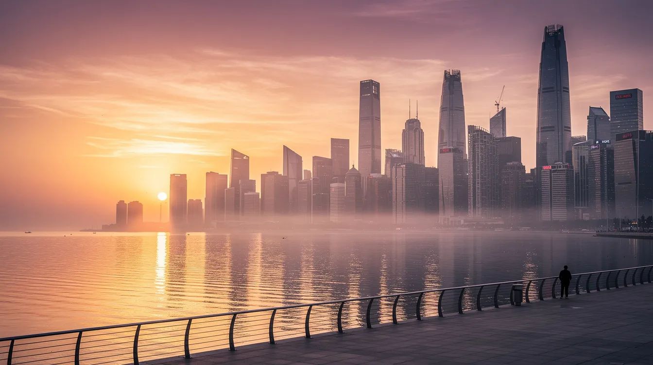 The image depicts a stunning modern city skyline featuring tall glass skyscrapers reflecting the vibrant hues of a sunset, with a serene waterfront in the foreground. This scene captures the essence of urban life in the United Arab Emirates, a hub for international banking services and investment opportunities.