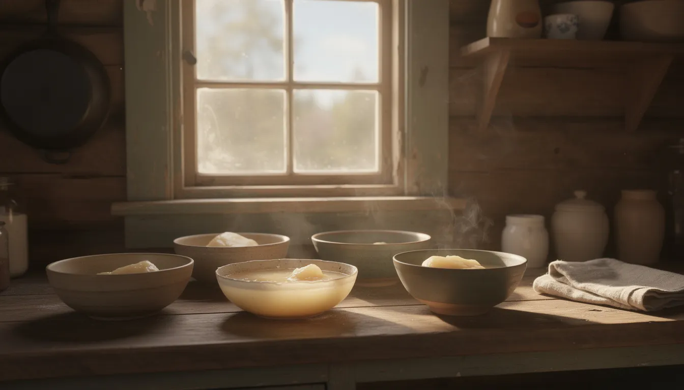 The image shows a rustic kitchen with ceramic bowls filled with cooling rendered beef fat, also known as beef tallow, placed near a sunlit window. This natural product is often used in skincare routines for its moisturizing properties, making it suitable for various skin types, including sensitive and acne-prone skin.
