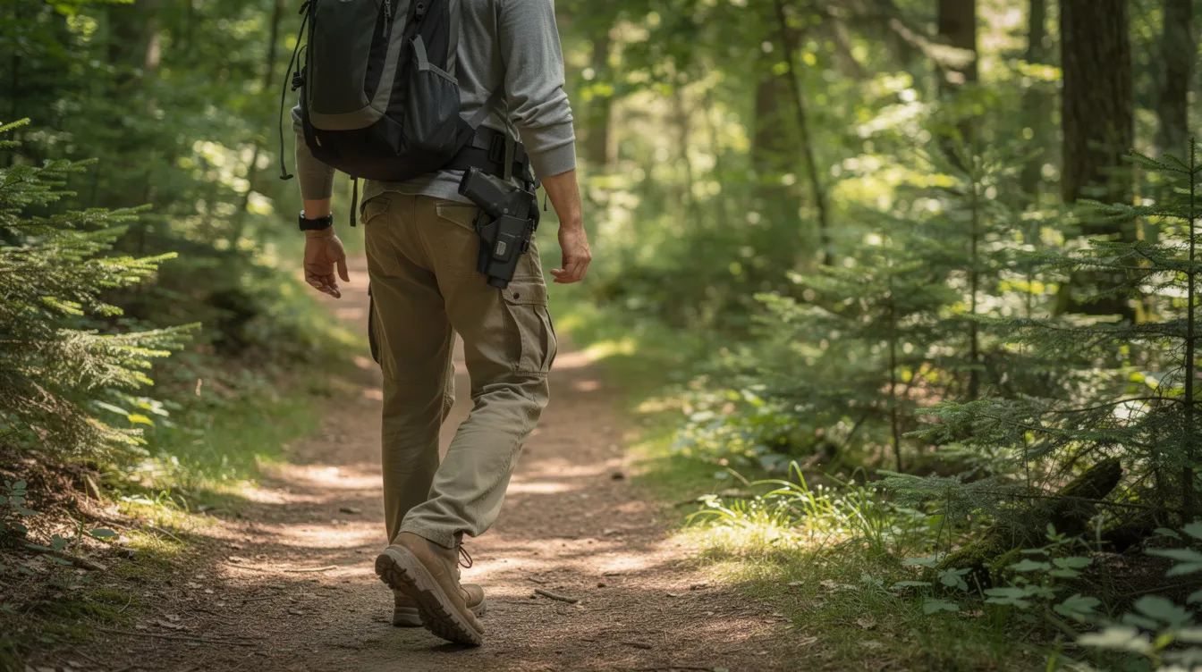 A hiker is seen walking along a forest trail, with a holstered handgun visibly attached to their belt, indicating they may be carrying a concealed firearm in accordance with North Carolina gun laws. The presence of the weapon suggests the individual is a permit holder, adhering to the state's regulations on carrying concealed handguns.