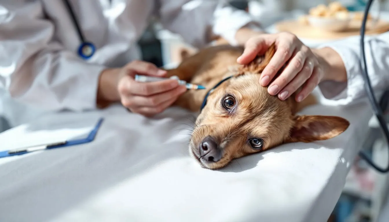 A veterinarian is administering medication to a dog, likely a breed predisposed to heart disease, such as a Doberman Pinscher or Boxer. This treatment may be related to conditions like dilated cardiomyopathy (DCM) or congestive heart failure, which affect the heart muscle