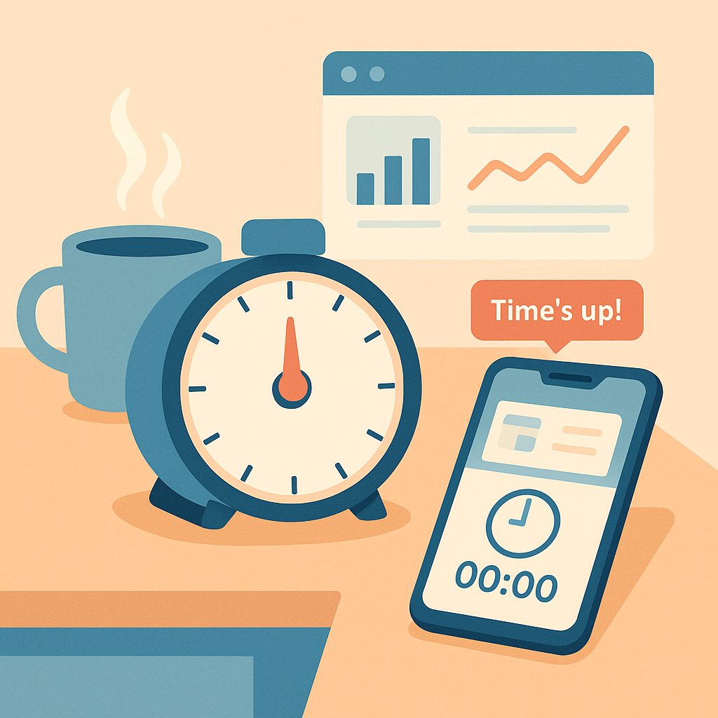 A mechanical timer next to a coffee mug, smartphone alerting “Time’s up!,” and a usage chart background illustrates the Pomodoro Technique and scheduling breaks for better time management skills.