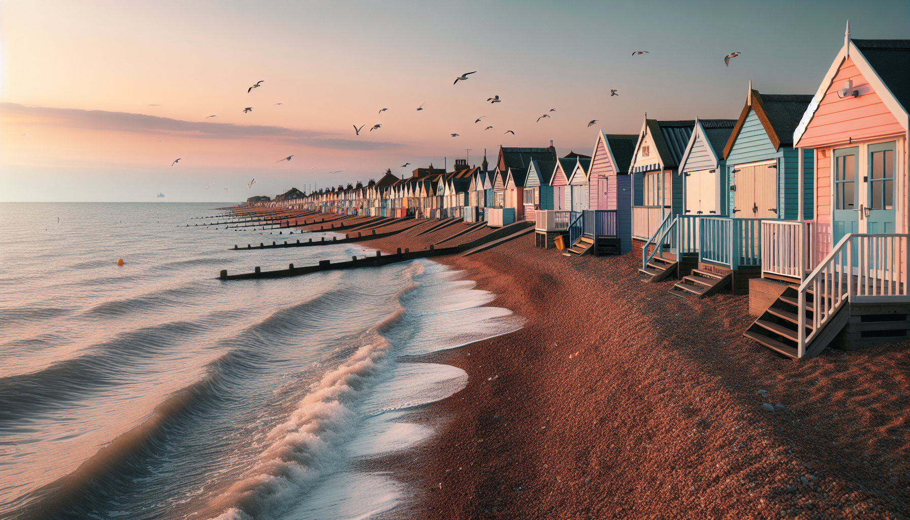 Charming coastal town with colorful beach huts and shingle beach