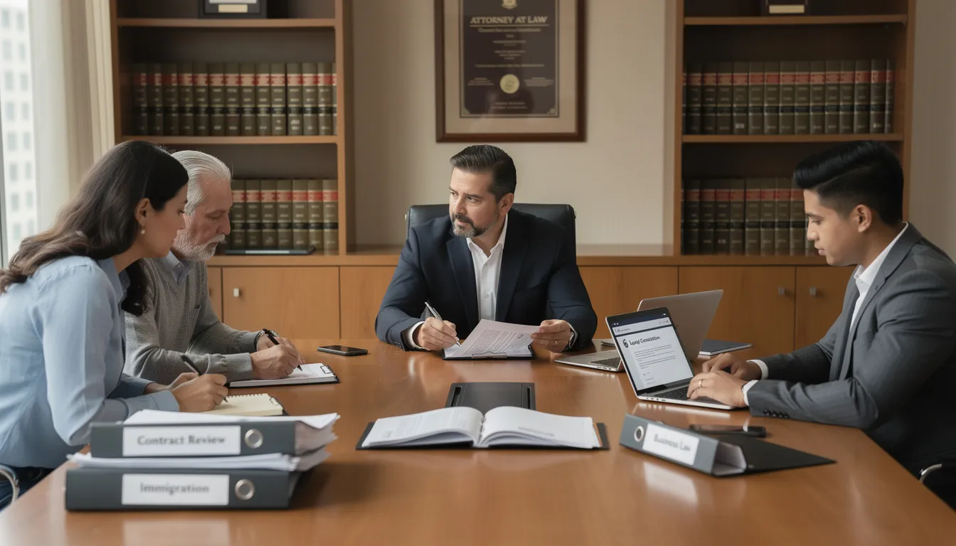 A bilingual attorney is providing professional legal consultation to diverse clients, reviewing important documents in a warm and welcoming office setting. This scene reflects the commitment of the law firm to address various legal issues, including divorce and estate planning, while ensuring personalized attention for families in the Torrance area and beyond.