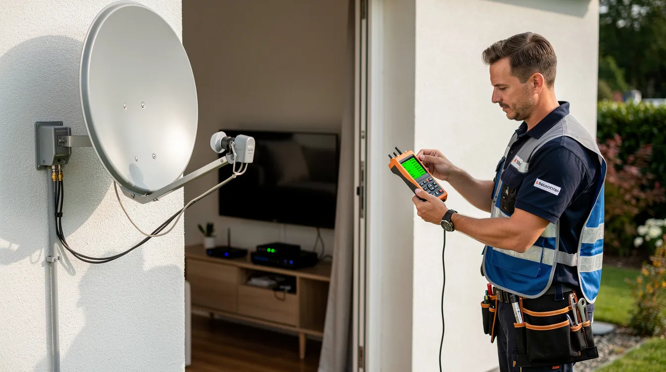 A technician is testing the satellite signal quality with a digital meter during a residential DSTV decoder installation, ensuring optimal dish alignment and signal strength for seamless viewing. The setup includes various cables such as coaxial and HDMI, highlighting the professional installation process.