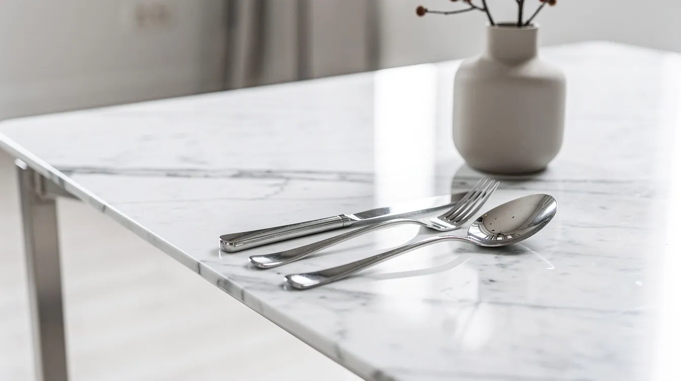 En närbild av ett elegant matbord i vit marmor med metallben, dekorerat med en stilren keramikvas och bestick. Bordet är en del av modern italiensk design och passar perfekt för inredning av hemmet.