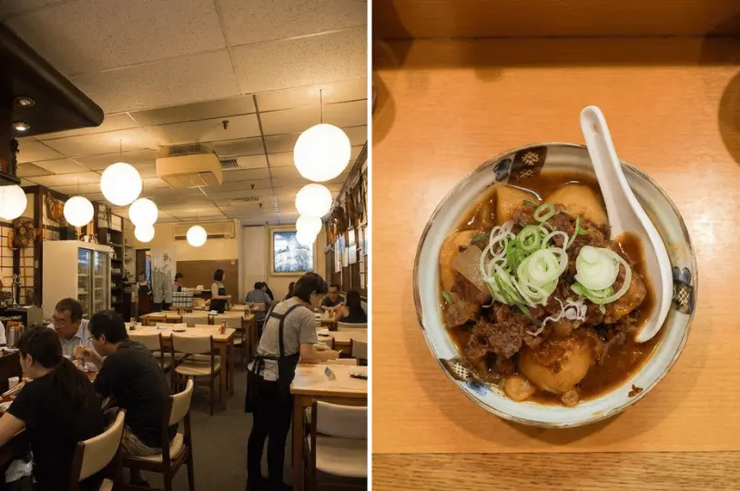 A split image featuring a busy, warmly lit Japanese restaurant interior decorated with round paper lanterns on the left, and a close-up of a hearty beef and potato stew garnished with sliced spring onions on the right.