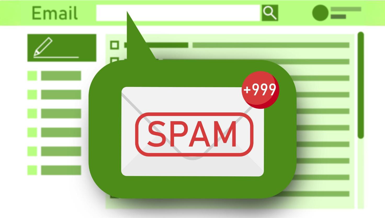 A graphic of a green email interface with a large alert bubble showing a spam envelope marked with “+999.” The image illustrates the challenge of filtering spam in business messaging tools and the importance of using SMS for businesses to ensure reliable mobile communication.