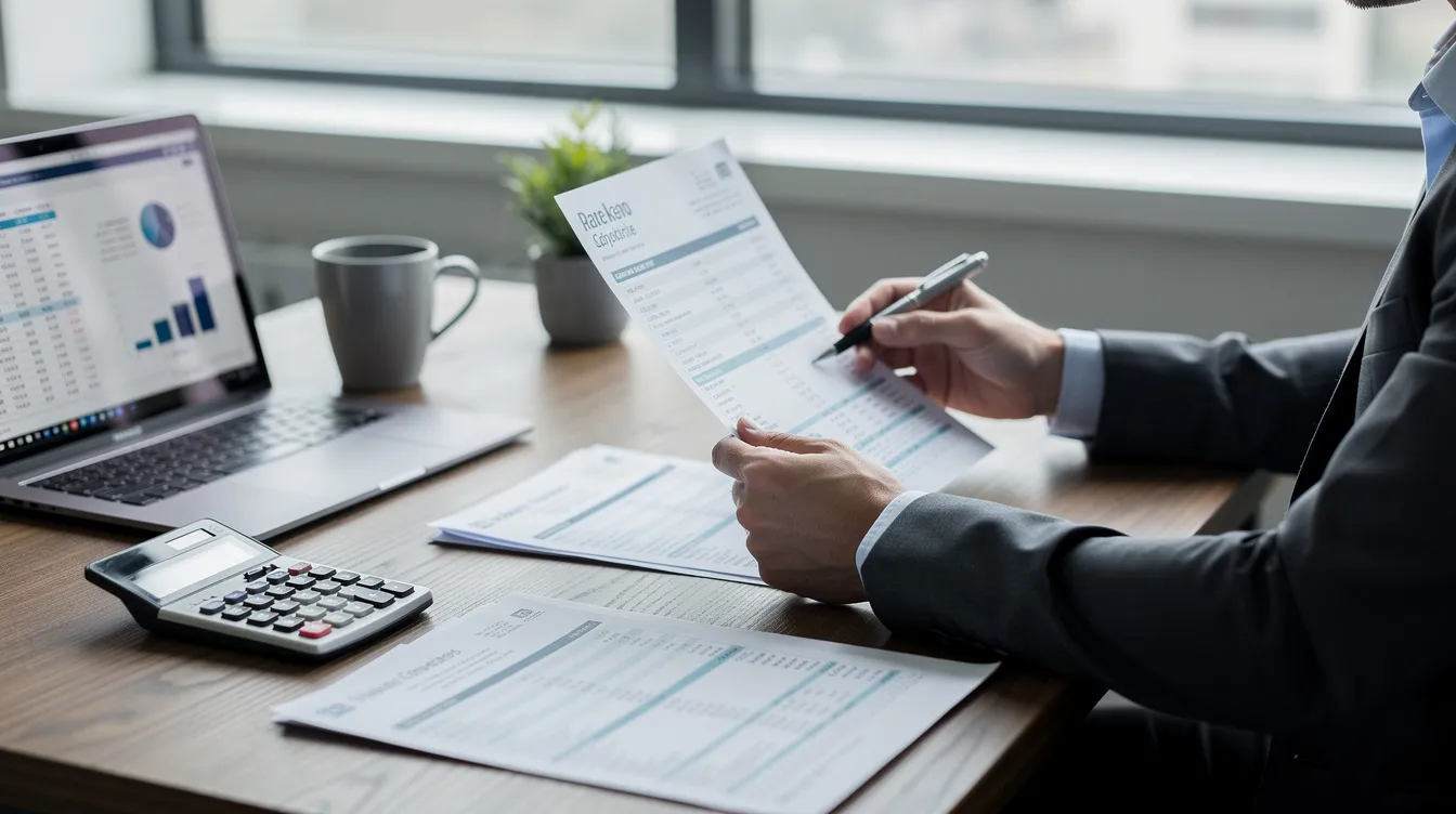 A professional is seated at a wooden desk, meticulously reviewing financial documents and bank statements, which may include details about previous loans and business plans. The setting emphasizes the importance of financial assistance and satisfactory credit track records for eligible borrowers seeking business loans or mudra loans.