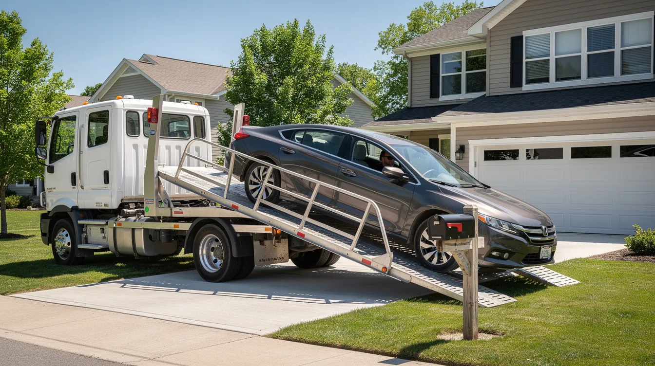 A car carrier truck is loading a sedan in a residential driveway under clear blue skies, showcasing the convenience of door to door auto transport services. The scene captures the truck driver carefully maneuvering around low hanging branches while preparing for the vehicle shipment.