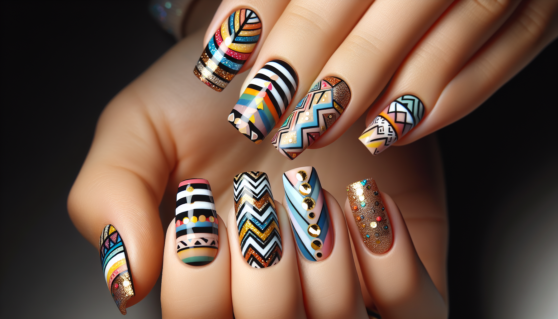Geometric nail art design with rainbow colors and gold glitter