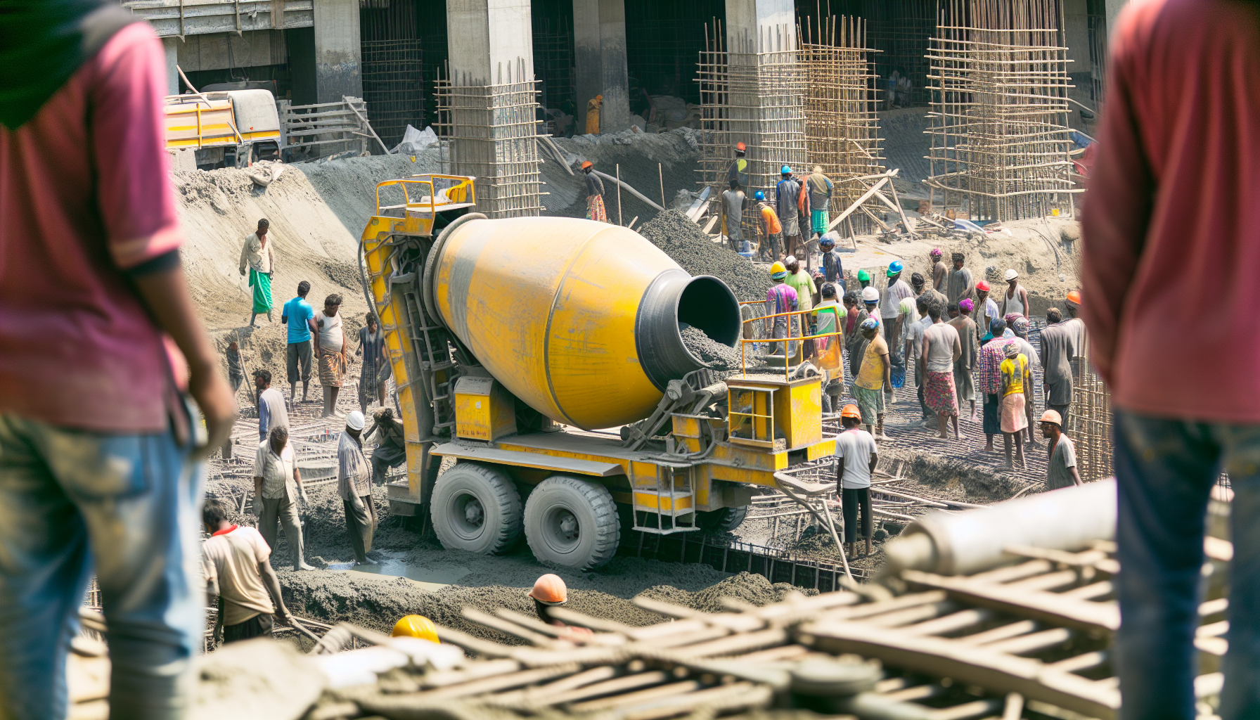 Construction project with large concrete mixer