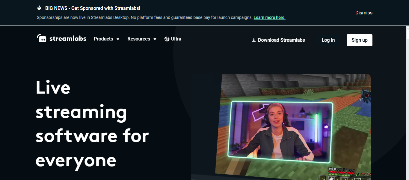 Streamlabs Desktop page with “Live streaming software for everyone” and creator stream preview image.