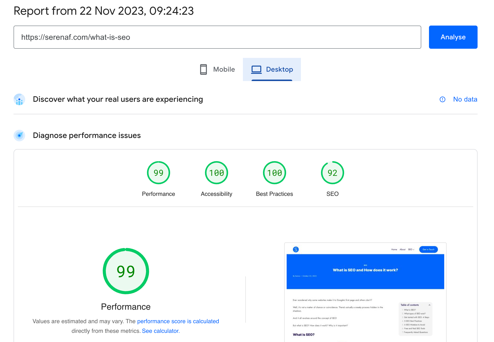 Page speed tool showing 99 out of 100 for page overall performance