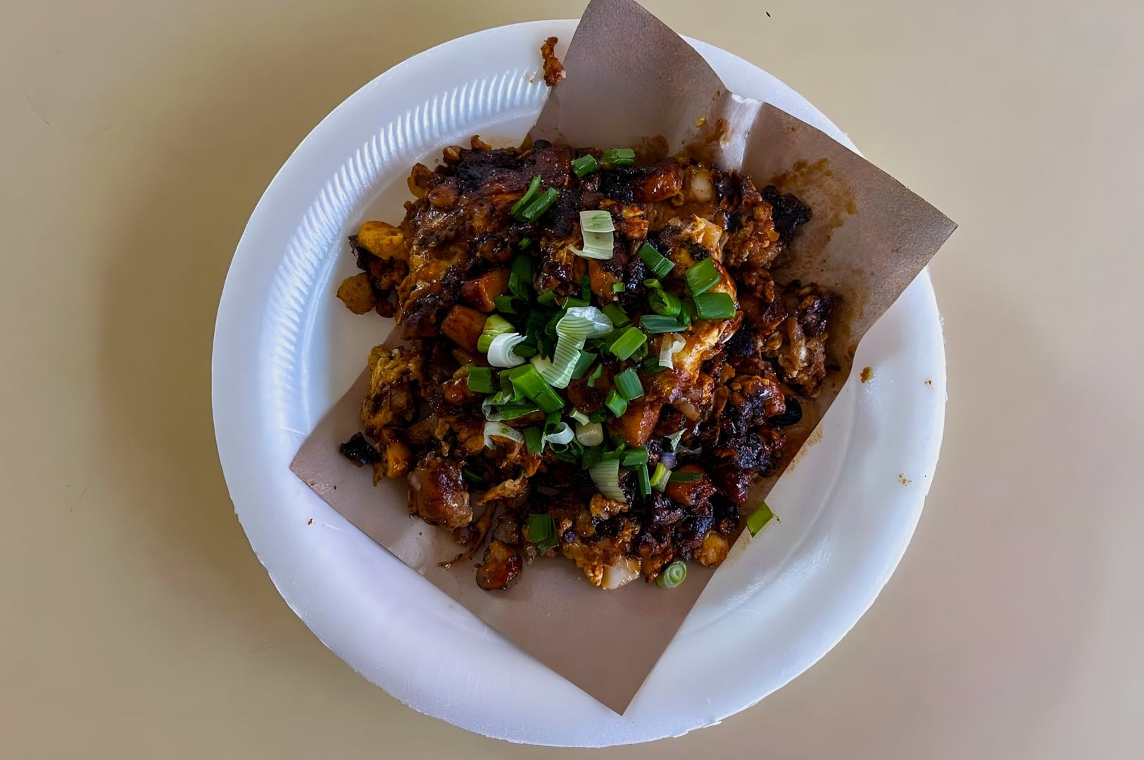 A plate of char kway teow with green onions on a white paper plate. The dish appears savory, rich, and flavorful, creating a delicious and hearty vibe.