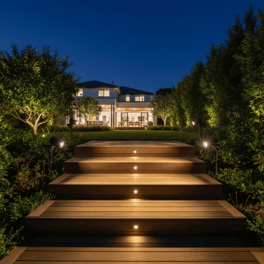 Outdoor garden spotlights lighting timber deck steps at night.