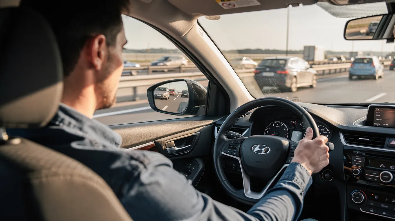 A driver is checking the side mirror of their passenger car before changing lanes on a highway, ensuring they are aware of oncoming traffic and motorcycle riders. This action emphasizes the importance of double-checking blind spots to safely share the road with other vehicles.