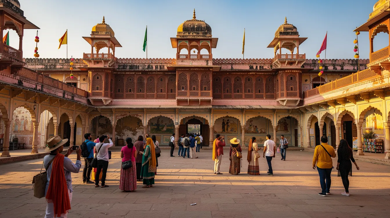 2fbee517 ec3d 4734 8b3d ef07ff09bcf4 A vibrant courtyard of a grand Rajasthani palace is filled with tourists admiring the colorful architecture, showcasing the rich cultural heritage of Jaipur. This scene reflects the allure of the Pink City, attracting both domestic and international tourists, ideal for exploring various business opportunities in the area.