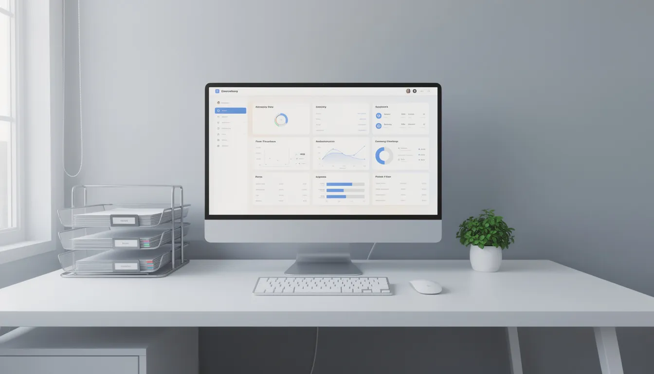 Das Bild zeigt einen modernen, sauberen Büroarbeitsplatz mit einem organisierten Dokumentenstapel und einem Computerbildschirm. Die aufgeräumte Umgebung fördert die Konzentration und Produktivität, was für die Erstellung von SEO-Texten und die Optimierung von Inhalten wichtig ist.