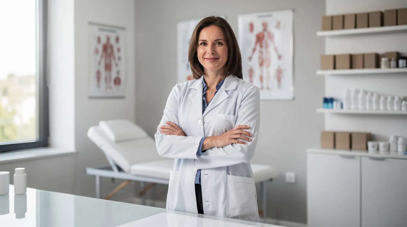 The image depicts a confident medical professional in a white lab coat, standing in their private practice, which showcases a welcoming atmosphere for patients. This healthcare provider reflects a sense of success and knowledge in their particular field, embodying the strong growth and stability that alleon healthcare capital aims to support through innovative cash flow solutions for medical offices.