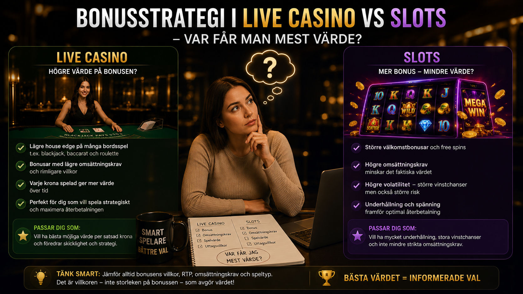 Bonusstrategi för live casino vs slots med fokus på RTP och omsättningskrav