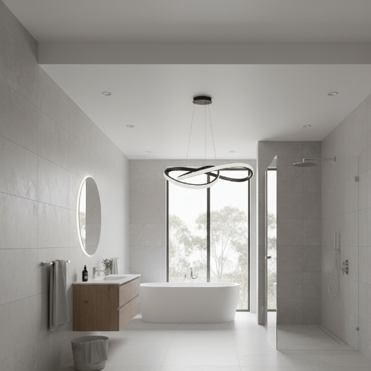 Contemporary bathroom with a sculptural ring pendant ceiling light, freestanding tub, and walk-in glass shower.