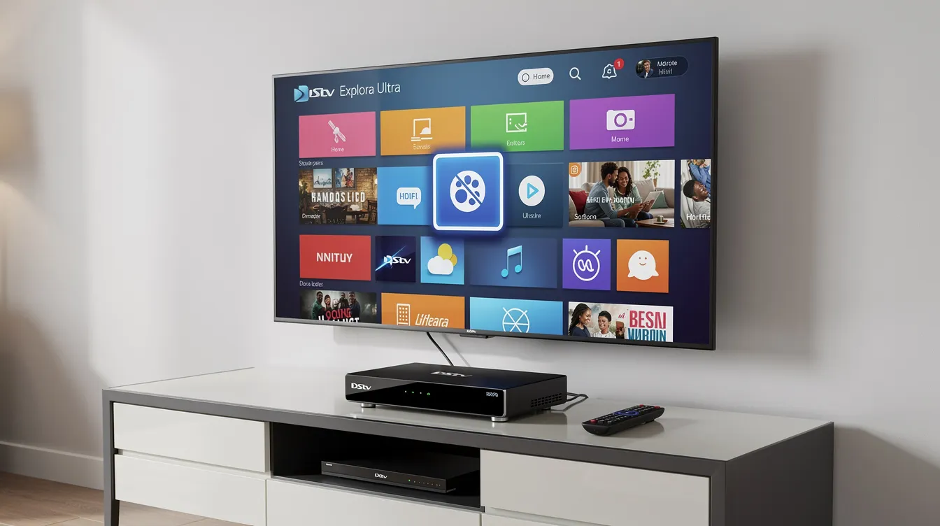 The image shows a DStv Explora Ultra decoder connected to a television, which is displaying the home screen interface, showcasing various channels and features available for viewers. This setup highlights the convenience of DStv installations and the professional services provided by accredited DStv installers.