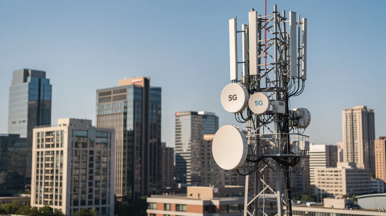 Ein moderner Mobilfunkmast ragt hoch vor einem klaren blauen Himmel empor, mit Stadtgebäuden im Hintergrund, die die für Mobilfunknetze und 5G-Kerntechnologie unerlässliche Infrastruktur darstellen. Dieses Bild hebt den Einsatz fortschrittlicher Kommunikationssysteme hervor, die den Sprach- und Datenzugang in städtischen Umgebungen unterstützen.