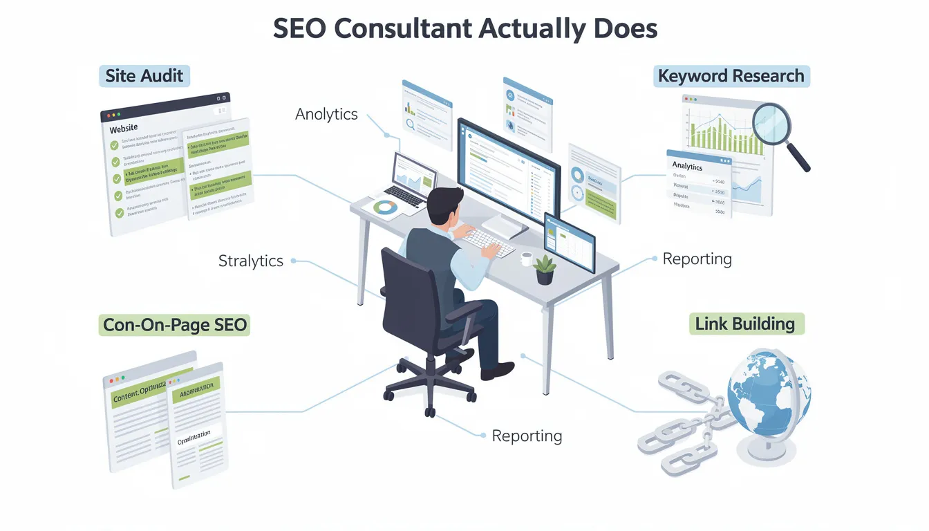 The image depicts an experienced SEO consultant analyzing data on a computer screen, showcasing various SEO tools and metrics related to search engine optimization. This professional is likely discussing SEO strategies, keyword research, and the importance of improving search engine rankings to enhance a business's online visibility.