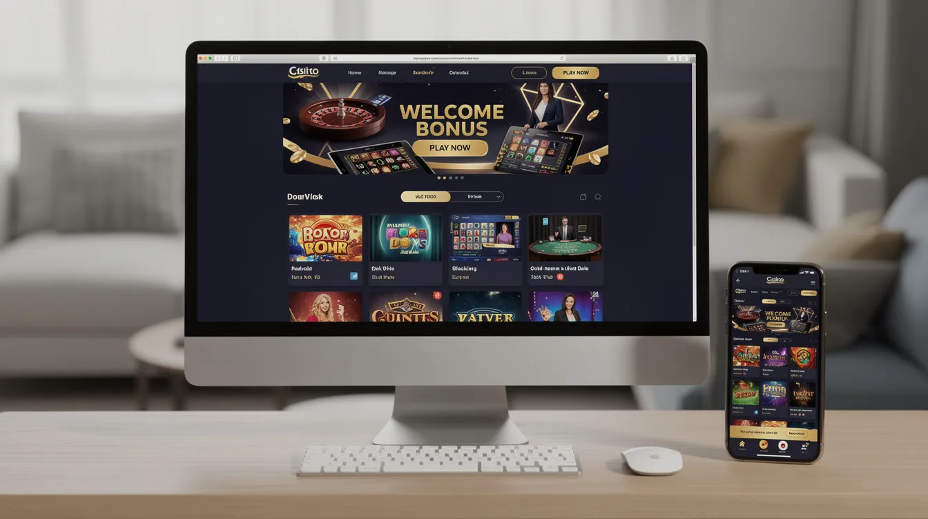 The image features a modern online casino interface displayed on both desktop and mobile screens, showcasing various casino games such as online slots and bingo games. The sleek design highlights the casino features, including the login process for users to access their Patrick Spins account and explore exciting promotions and bonuses.
