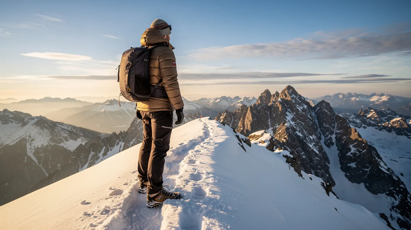 A hiker stands on a snowy mountain ridge, wearing a puffy insulated jacket that provides impressive warmth in cold weather. The stunning backdrop of rugged mountains enhances the scene, showcasing the durability and comfort of synthetic insulation in outdoor activities.