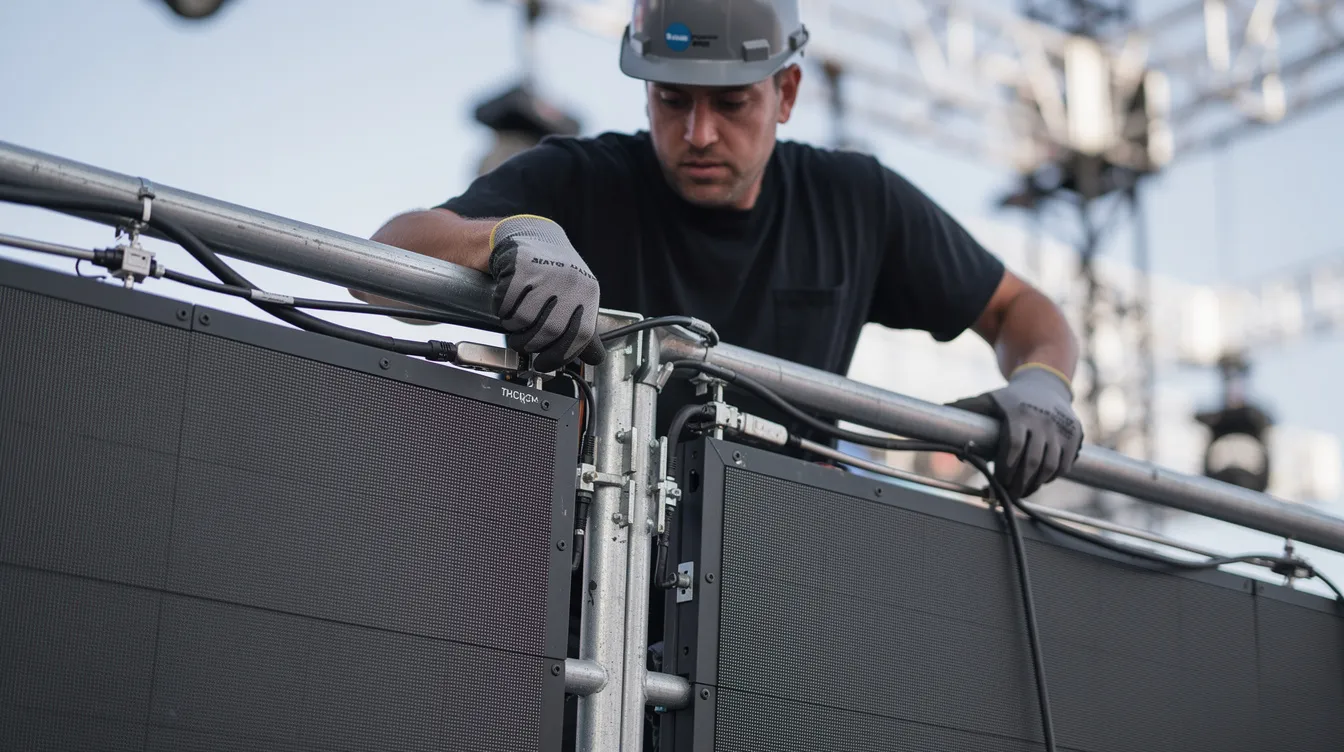 A crew member is closely adjusting modular LED panels on an outdoor ground-support frame during daytime setup, preparing for an upcoming event. This setup is essential for providing high-resolution video displays for outdoor events, ensuring an amazing experience for the audience.