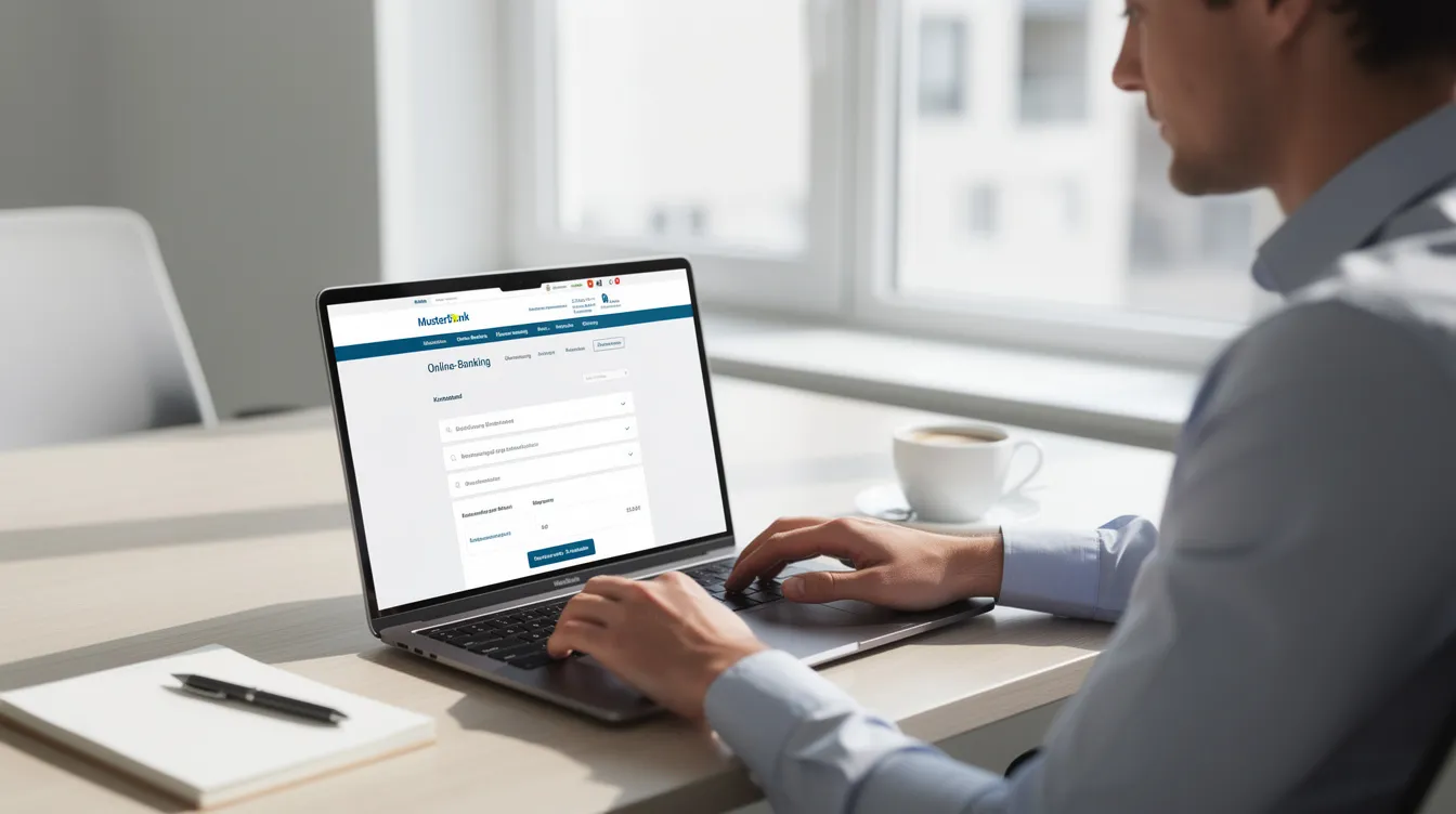 Eine Person sitzt an einem Laptop in einem hellen Büro und nutzt eine Banking-Webseite, während sie eine Kaffeetasse in der Hand hält. Auf dem Bildschirm sind Informationen zu Kapitalerträgen und dem Sparerpauschbetrag zu sehen, die für die Online-Banking-Nutzung wichtig sind.