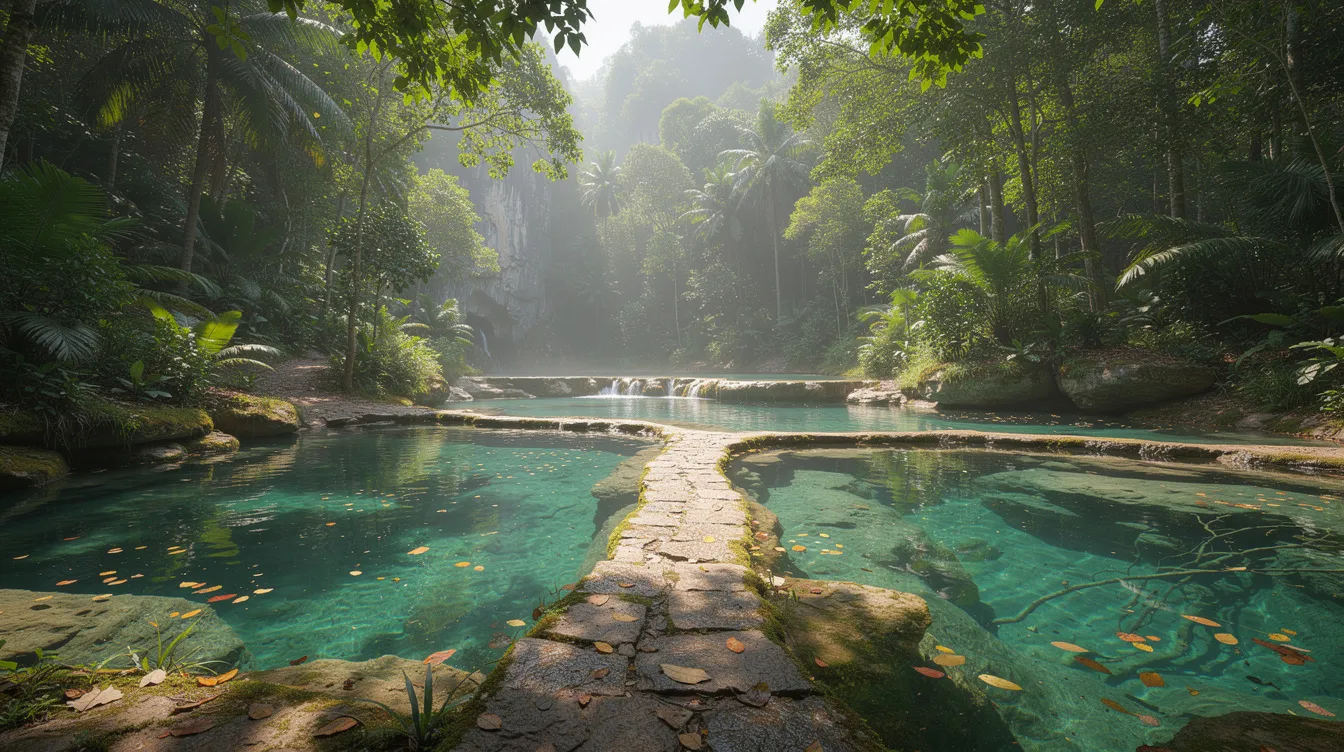 A imagem mostra as piscinas naturais de Krabi, na Tailândia, com águas cristalinas cercadas por formações rochosas e vegetação exuberante, proporcionando um ambiente de tranquilidade e descanso para os visitantes. Este destino é conhecido por suas propriedades medicinais e pela beleza natural que atrai turistas em busca de paz e conexão com a natureza.