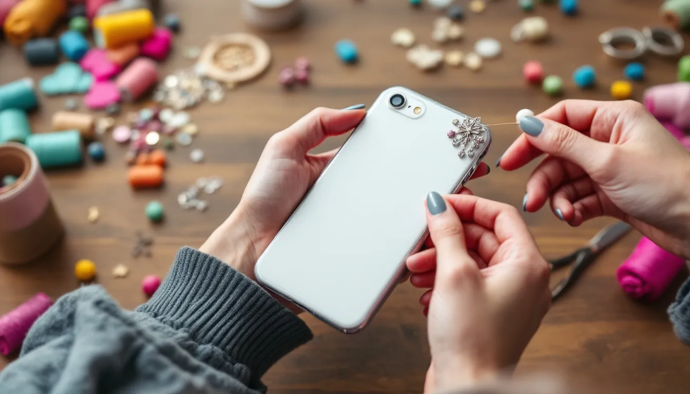 A person demonstrating how to attach phone charms to a smartphone.