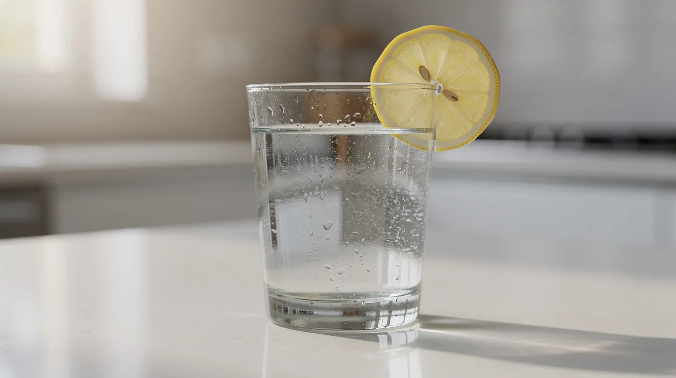 A clear glass of water sits on a pristine kitchen counter, garnished with a fresh lemon slice, symbolizing hydration and a healthy lifestyle. This refreshing drink can aid in the recovery process after cosmetic surgery, like liposuction, by helping to reduce swelling and support the body's natural healing process.