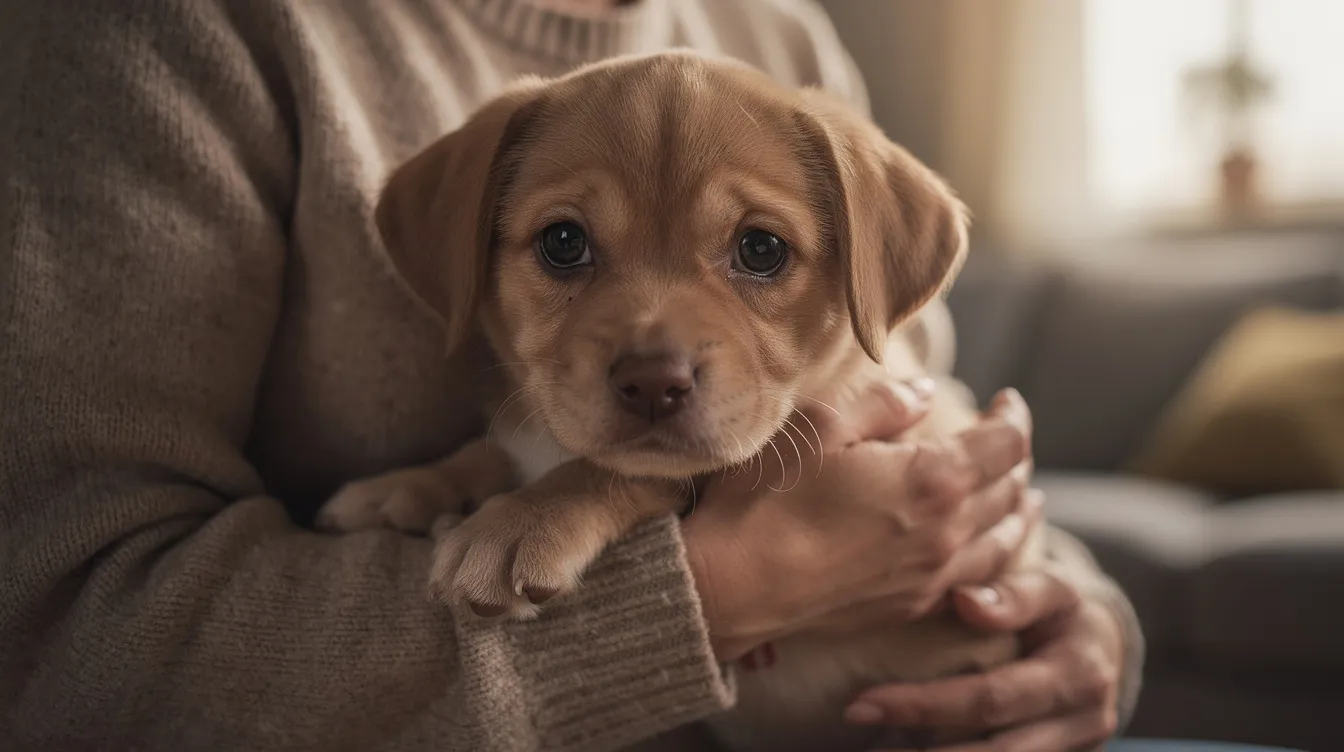 A small puppy is being comforted by its owner, who gently holds the puppy in their lap, providing warmth and reassurance. The scene captures the bond between them, highlighting the importance of nurturing a puppy's health and well-being, especially in preventing common issues like worms in dogs.