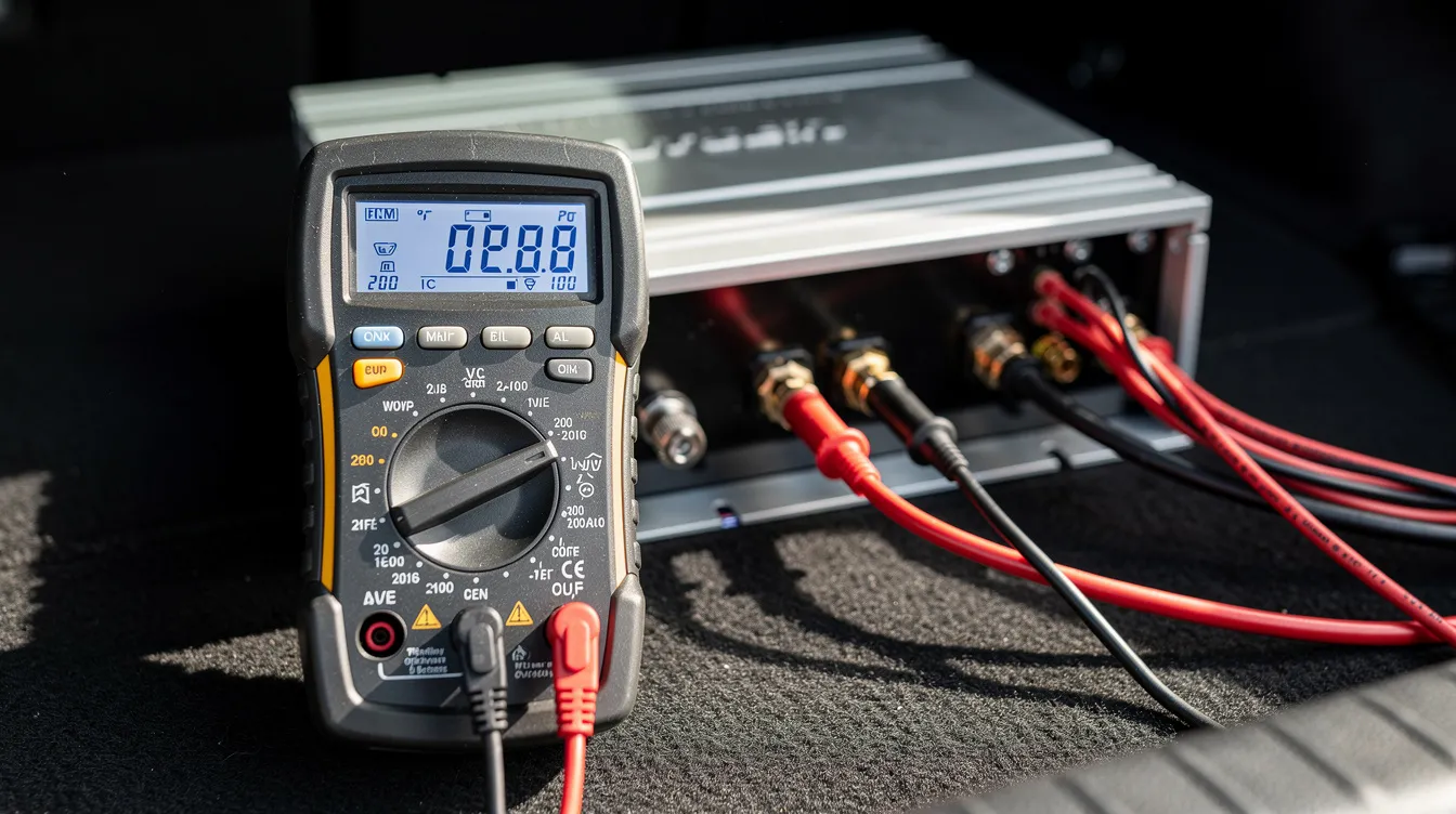 A close-up view of a multimeter measuring the voltage of a car amplifier in a vehicle trunk, surrounded by various electrical wires including speaker wires, power wires, and RCA cables. The setup highlights the intricate connections necessary for optimal sound quality and troubleshooting a potentially faulty amp.