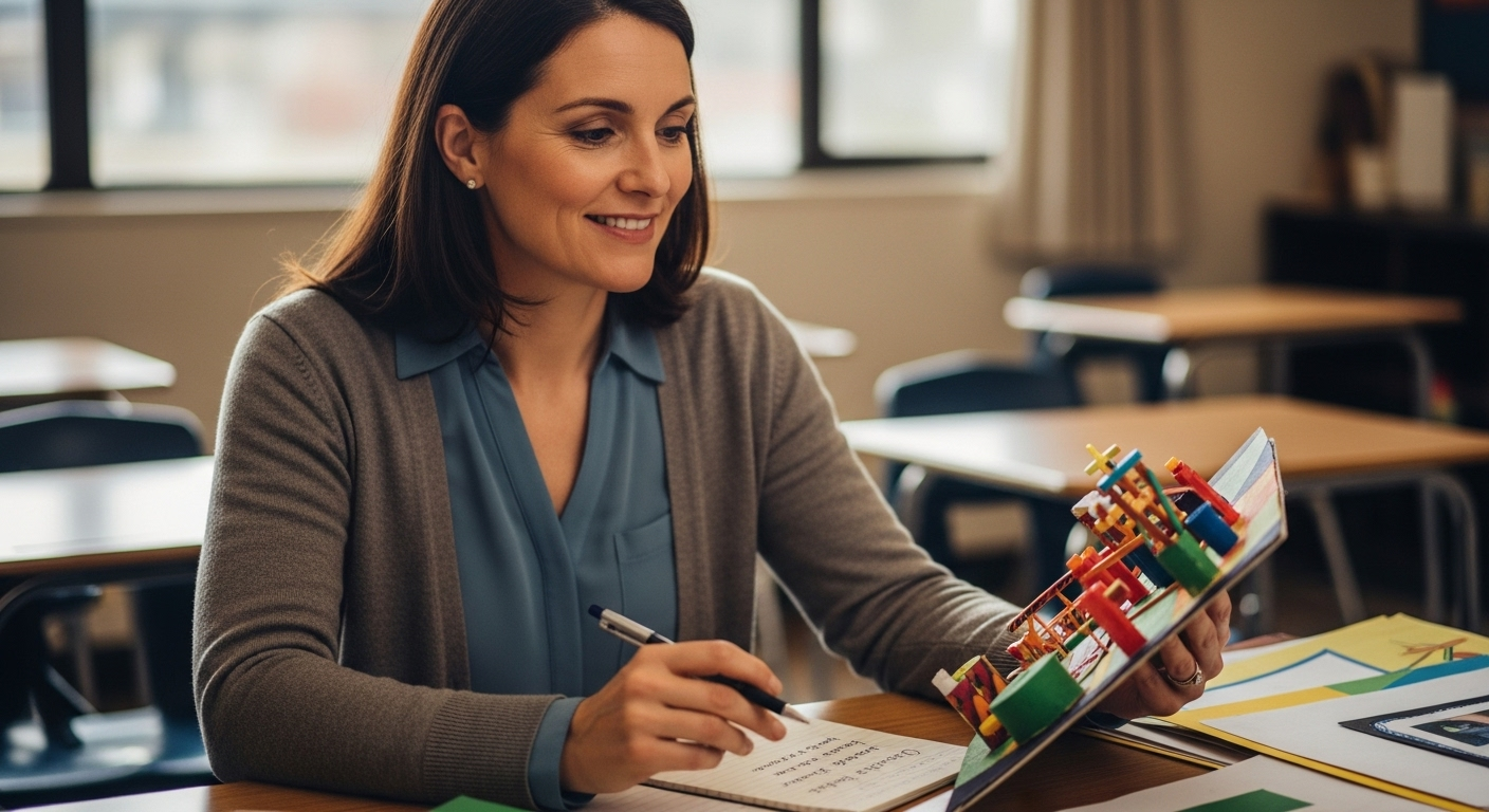 Teacher reviewing a completed project and delivering reflective, delayed feedback.