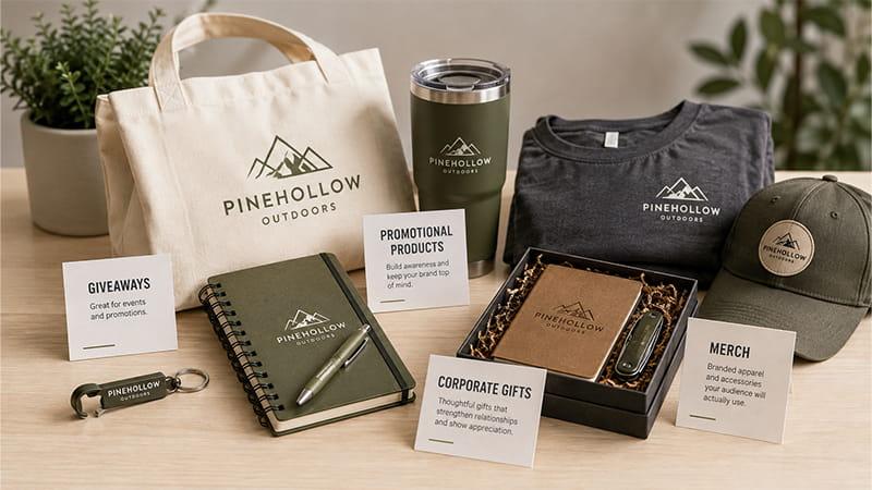 Promotional products, giveaways, corporate gifts, and merch shown with different branded product examples