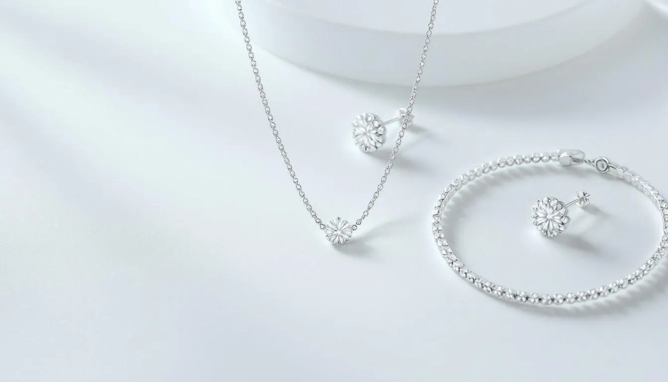 The image features an elegant silver jewellery set, including a matching necklace, stud earrings, and a bracelet, all displayed against a white background. This sterling silver collection, adorned with sparkling cubic zirconia, is perfect for gifting or personal adornment.