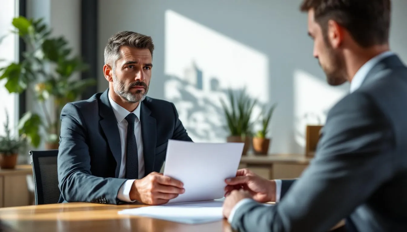 In der Abbildung ist ein Treffen zur Klärung einer Verdachtskündigung zu sehen, bei dem der Arbeitgeber und der Arbeitnehmer über den dringenden Verdacht eines erheblichen Pflichtverstoßes diskutieren. Es wird auf die rechtlichen Aspekte der außerordentlichen Kündigung und die Notwendigkeit einer Anhörung des Arbeitnehmers eingegangen.