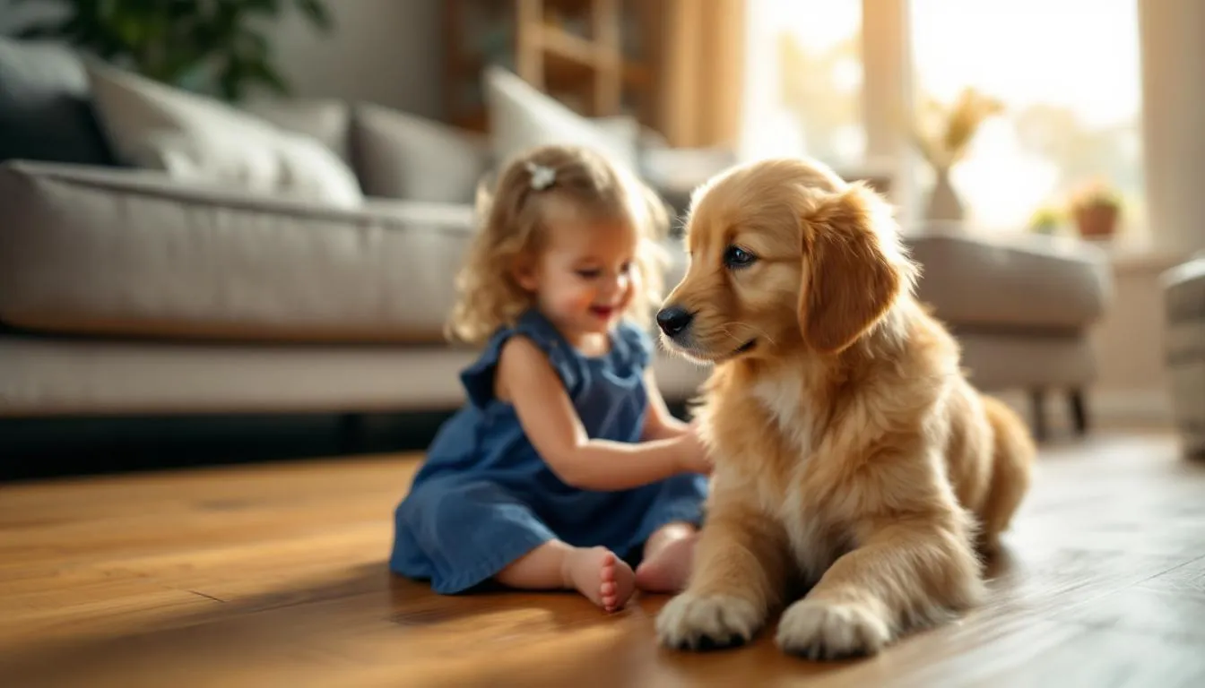 A happy teacup goldendoodle is playfully engaging with a young child under careful supervision, showcasing its affectionate nature and playful demeanor. This adorable puppy, known for its low-shedding coat and hypoallergenic qualities, represents a perfect companion for families and children.