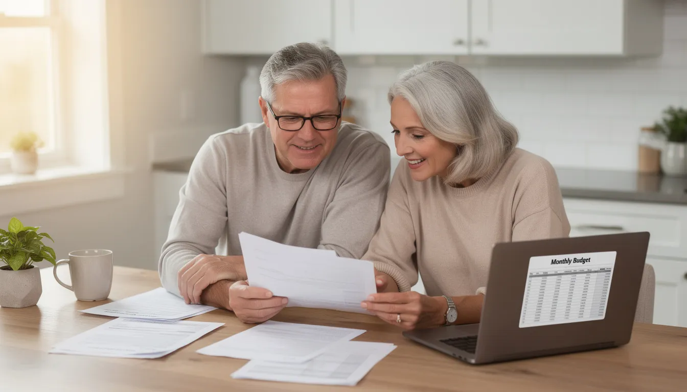 A couple in their early sixties sits at a kitchen table, examining financial documents related to their retirement plan, discussing their retirement savings options and future expenses. They appear focused as they review their investment strategies and consider how to best prepare for their retirement journey.