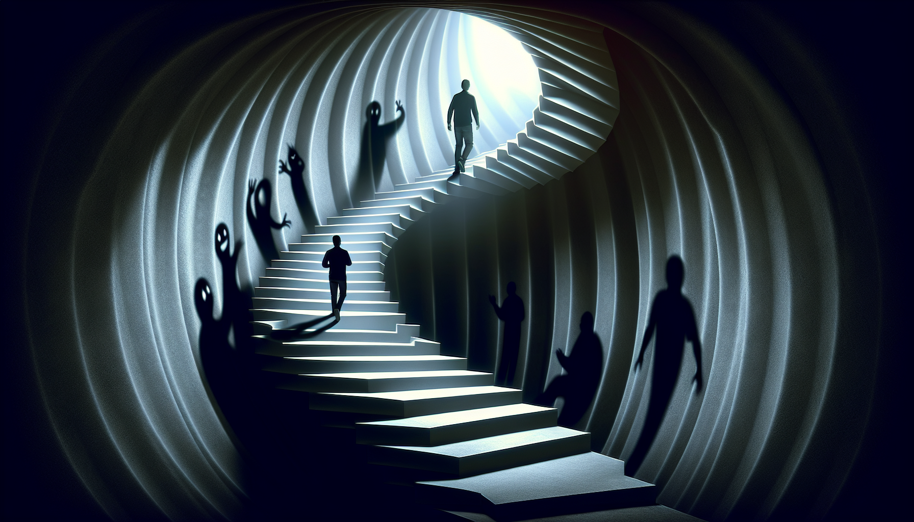 A person gradually ascending a staircase, representing exposure therapy and facing fears