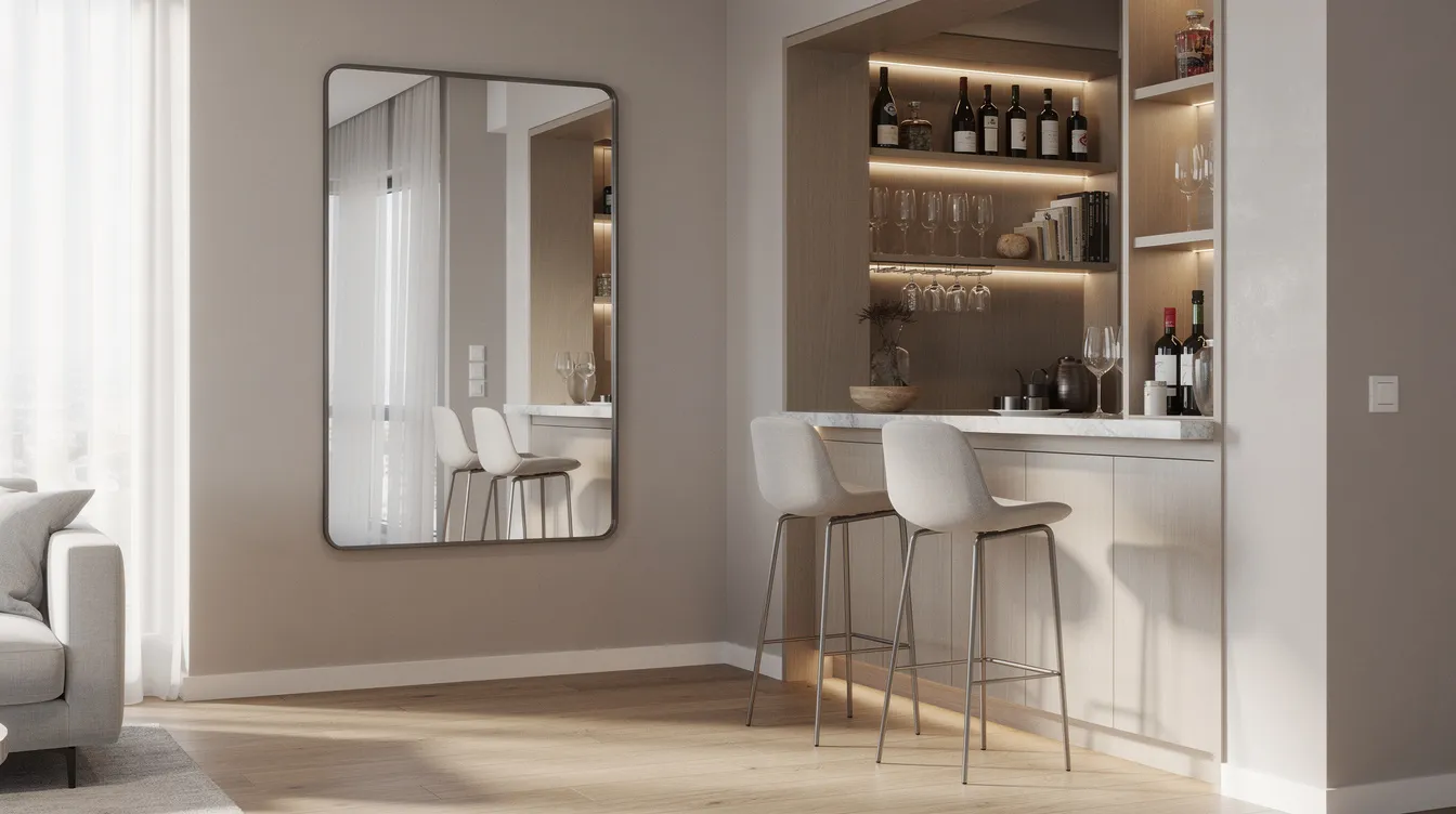 Een moderne barhoek met een open kast die stijlvol is ingericht met een grote vaas en een stapel boeken, omgeven door aardse tinten en een rustig kleurenpalet. Twee hoge krukken staan naast de kast, terwijl een spiegel aan de muur een speels effect toevoegt aan de ruimte.