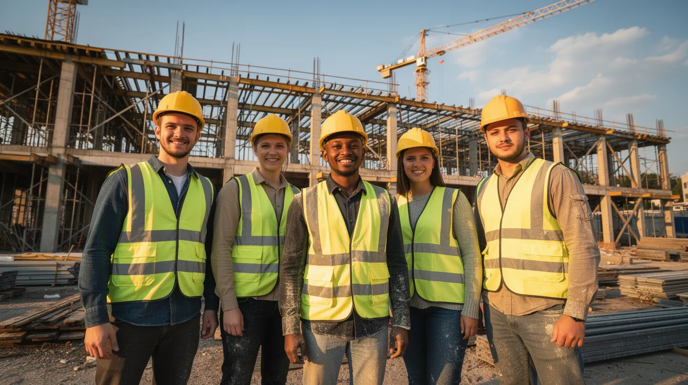 A diverse group of young construction workers, all wearing hard hats and reflective vests, stands together at an outdoor building site, showcasing teamwork and safety in the construction industry. This scene highlights the importance of workforce development and apprenticeship programs in creating opportunities for careers in construction projects across Pennsylvania.