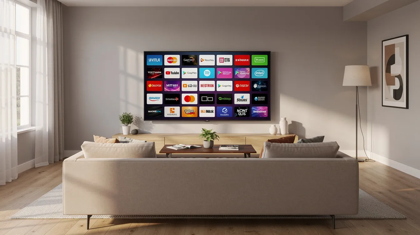 The image depicts a modern living room featuring a large smart TV that showcases a vibrant grid of streaming channel logos, highlighting various IPTV services and live TV channels available for viewers. This setup emphasizes the convenience of accessing a wide range of content through an internet connection, ideal for those seeking the best IPTV subscription options.