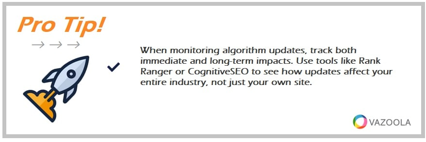 When monitoring algorithm updates, track both immediate and long-term impacts. Use tools like Rank Ranger or CognitiveSEO to see how updates affect your entire industry, not just your own site.