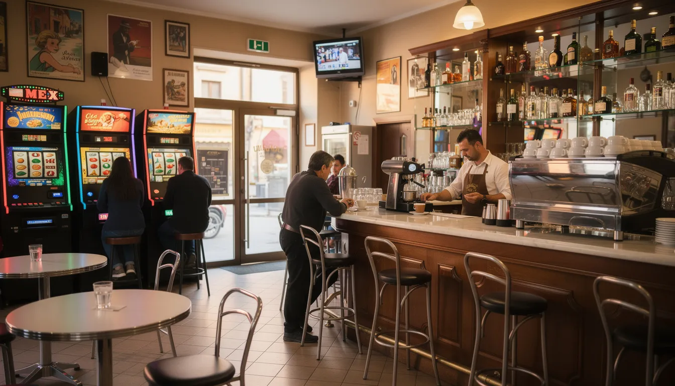 L'immagine mostra l'interno di un tipico bar italiano, con un bancone in legno e un'area dedicata alle slot machine, dove i clienti possono divertirsi con giochi d'azzardo. Nella zona delle slot, si vedono diverse macchine colorate, pronte ad accogliere i giocatori.
