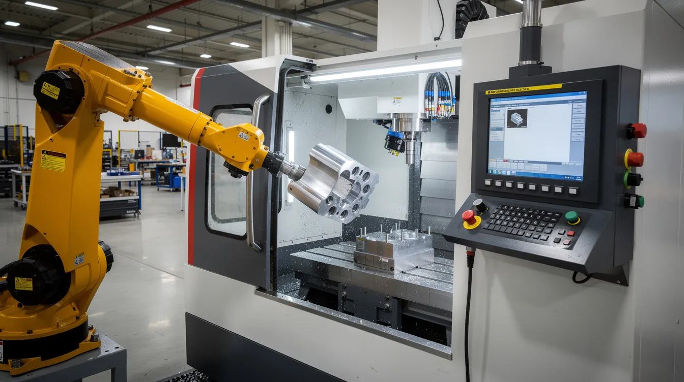 The image depicts a modern automated CNC machining center with a robotic arm efficiently loading a metal workpiece into the spindle, set in a clean factory environment. This advanced machinery is essential for aerospace manufacturing, particularly in producing high precision components and critical engine parts with tight tolerances.